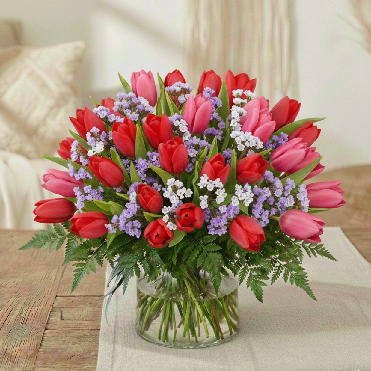 זר טוליפים ורוד אדום משולב עדעד מרשים